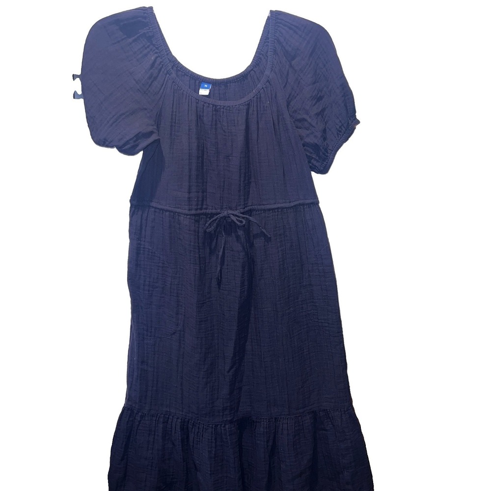 Old Navy Black Solid Cotton Puff Short Sleeve Tiered Midi Dress Coquette XS